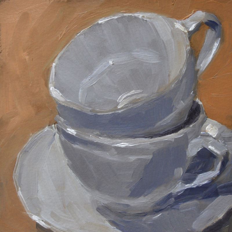 Two Cups and a Saucer, oil on paper 15x15cm (5.9×5.9 inch)