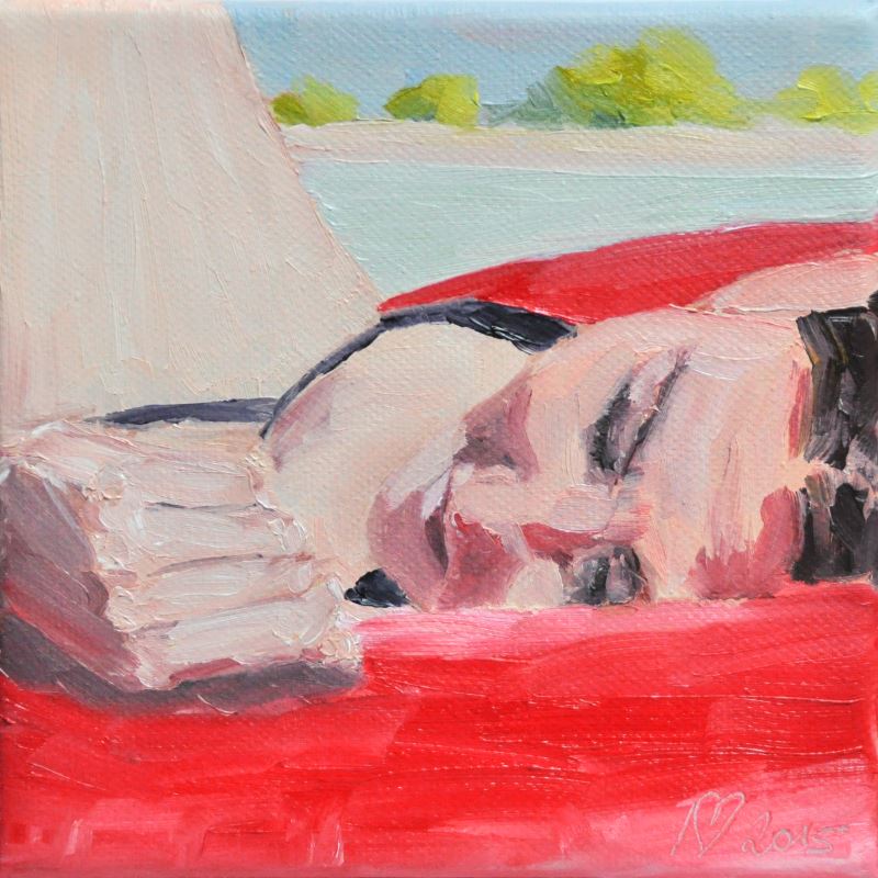 Big Red Floating Tire, oil on canvas 15x15cm (5.9×5.9 inch)